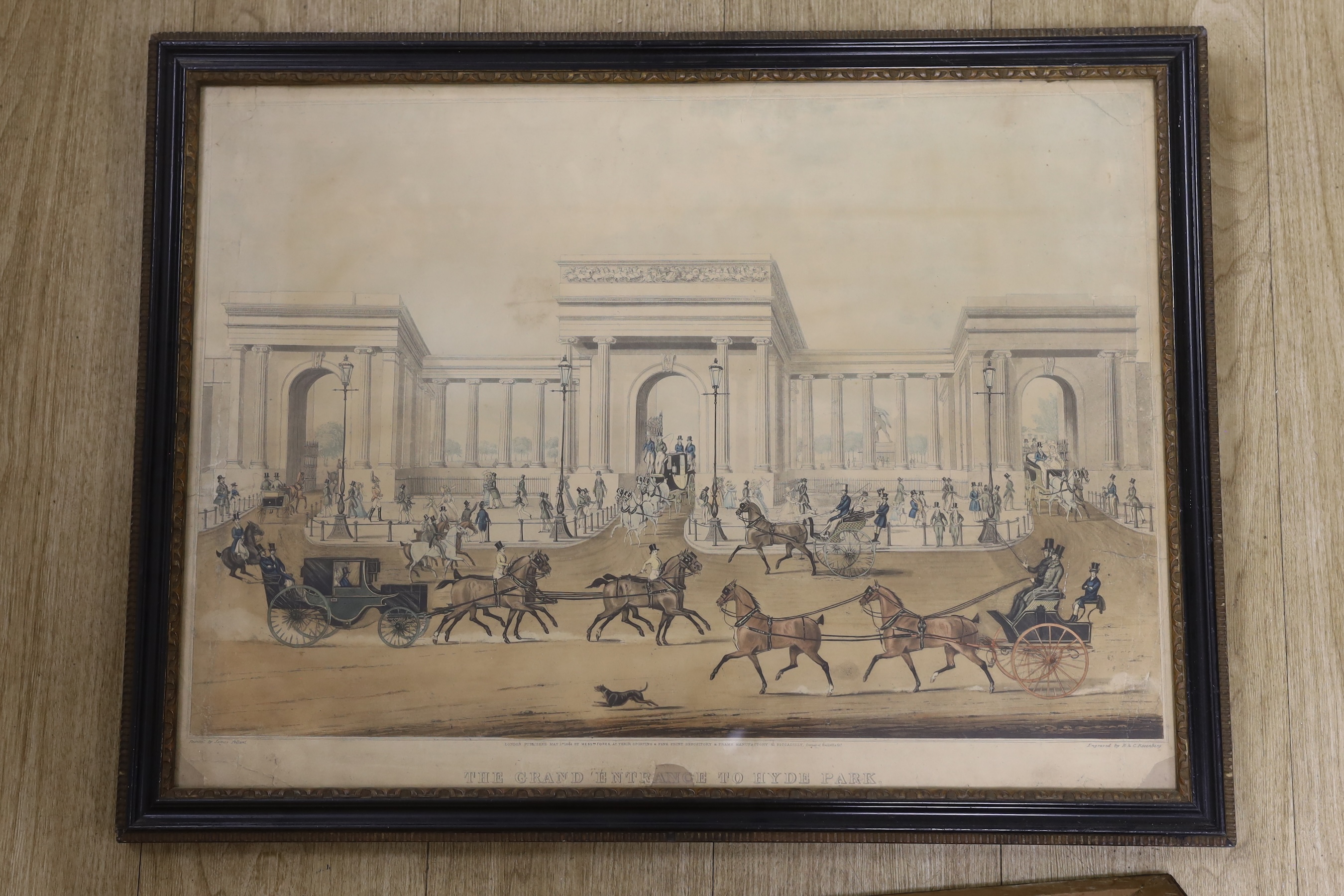 Rosenberg after James Pollard, two coloured aquatints, 'North East View of the New General Post Office' and 'The Grand Entrance to Hyde Park', largest overall 46 x 62cm